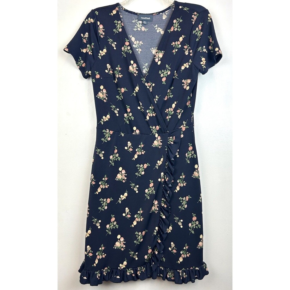 ModCloth Dress Womens Medium Floral Ruffle Navy Faux Wrap Milkmaid Peasant